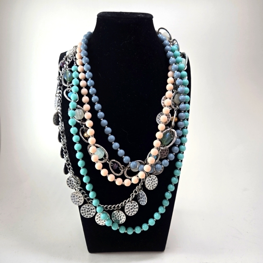 Premiere Designs Necklace 5 Strands Of Acrylic Beads Stones And Silvertone Coins